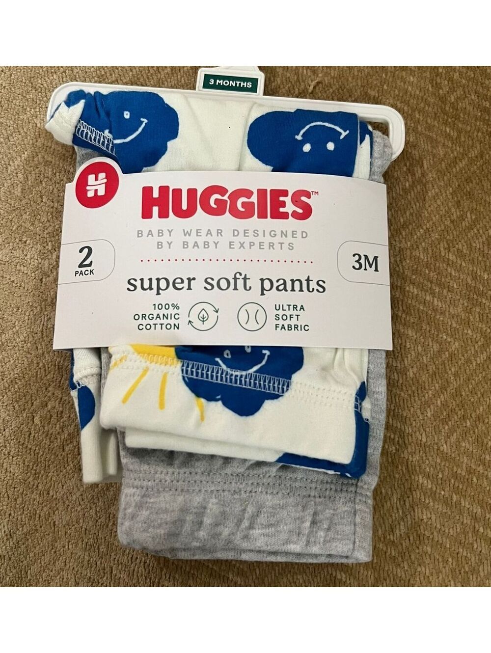 2 Pk. of Huggies Baby Boys' Cloud Organic Pants,White/Grey, Size 3 Months